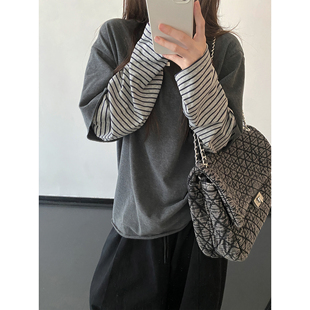 宽松磨毛打底衫 sun柚 T恤女春秋季 圆领条纹拼接长袖 miu系韵律感