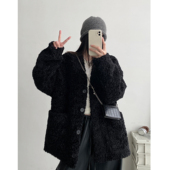 宽松仿羊羔毛短款 黑色皮草外套女秋冬季 大衣女皮毛一体 清仓价