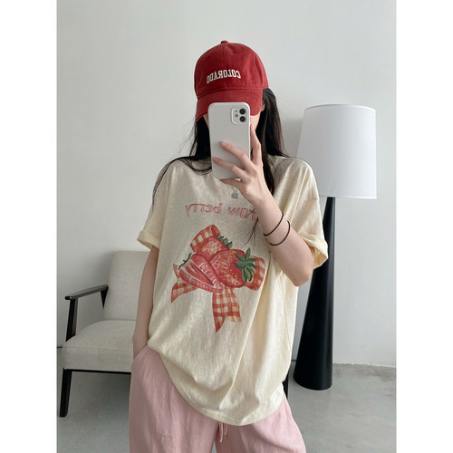 百搭草莓印花短袖t恤圆领上衣女