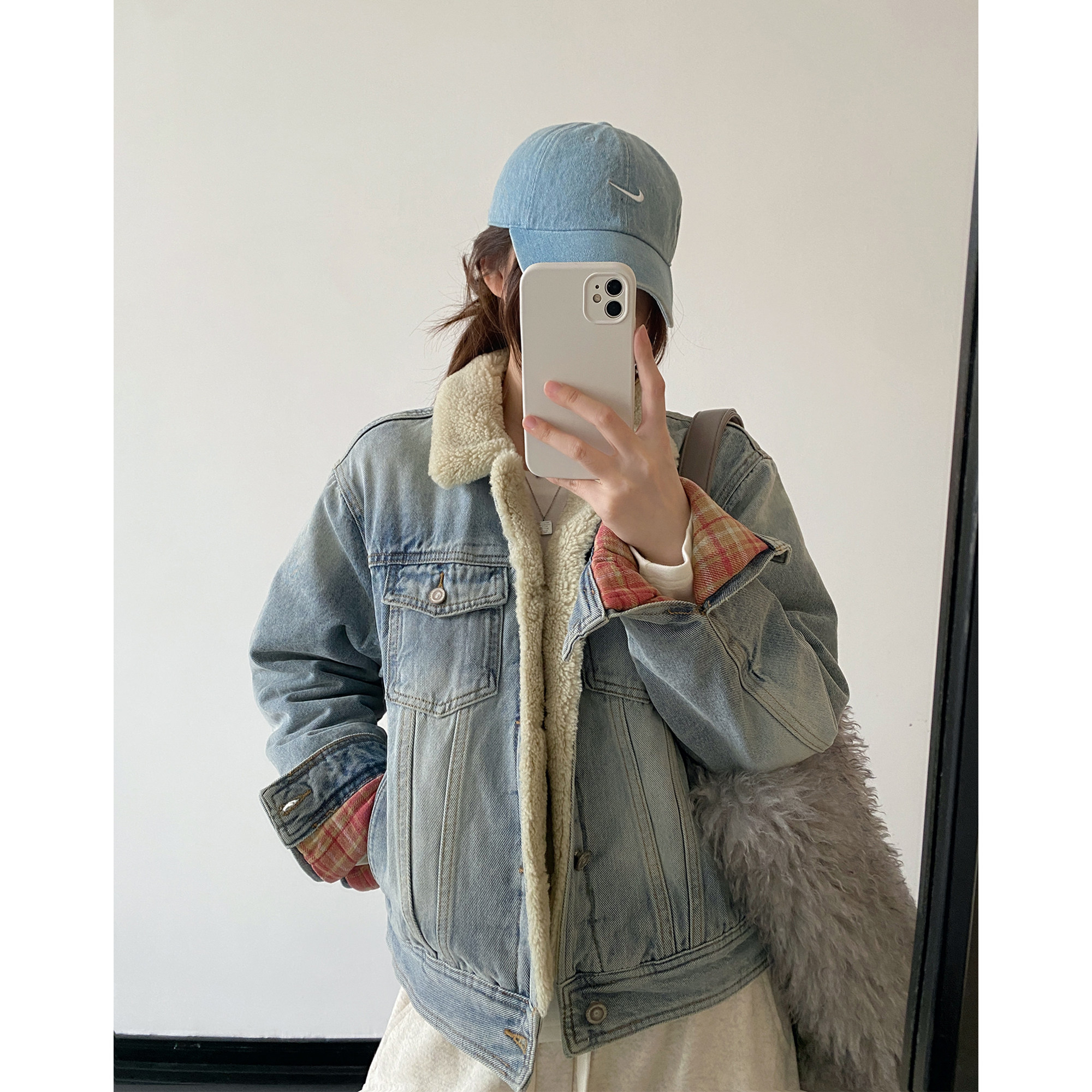 sun柚 水洗洋羔毛领格纹复古港风合身短款夹棉牛仔棉服外套秋冬季