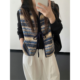 sun柚 冰岛几何'秋冬复古撞色花纹绒感蝴蝶结绑带叠穿Vintage马甲