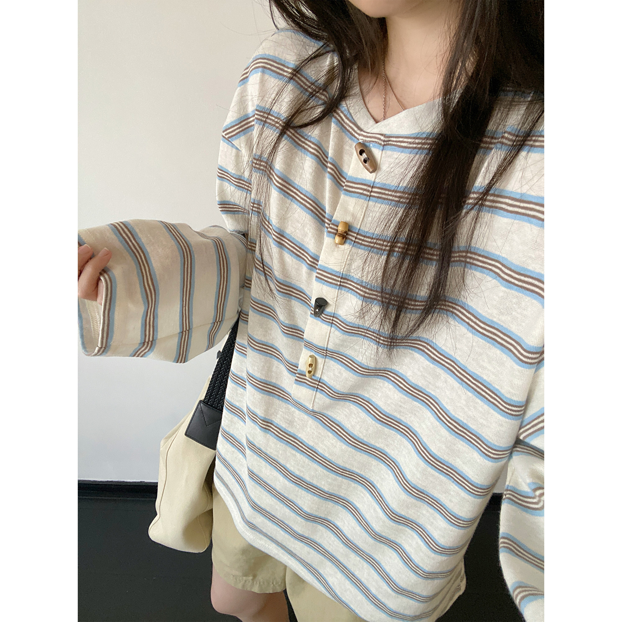 sun柚 miu系牛角扣亨利衫复古慵懒条纹长袖宽松T恤女纽扣休闲新款