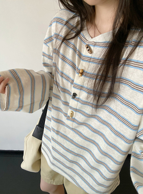 sun柚 miu系牛角扣亨利衫复古慵懒条纹长袖宽松T恤女纽扣休闲新款