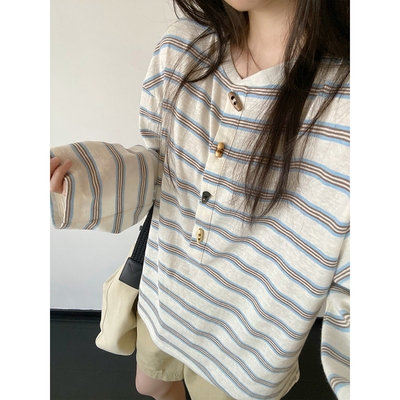 sun柚 miu系牛角扣亨利衫复古慵懒条纹长袖宽松T恤女纽扣休闲新款