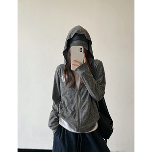 sun柚 轻薄花灰梵文印花微宽松短外套连帽外套美潮防晒拉链长袖女