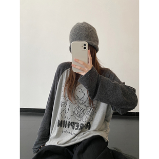 sun柚 康普顿学院 趣味狗狗乐队印花长袖T恤女春秋季柔软上衣灰色