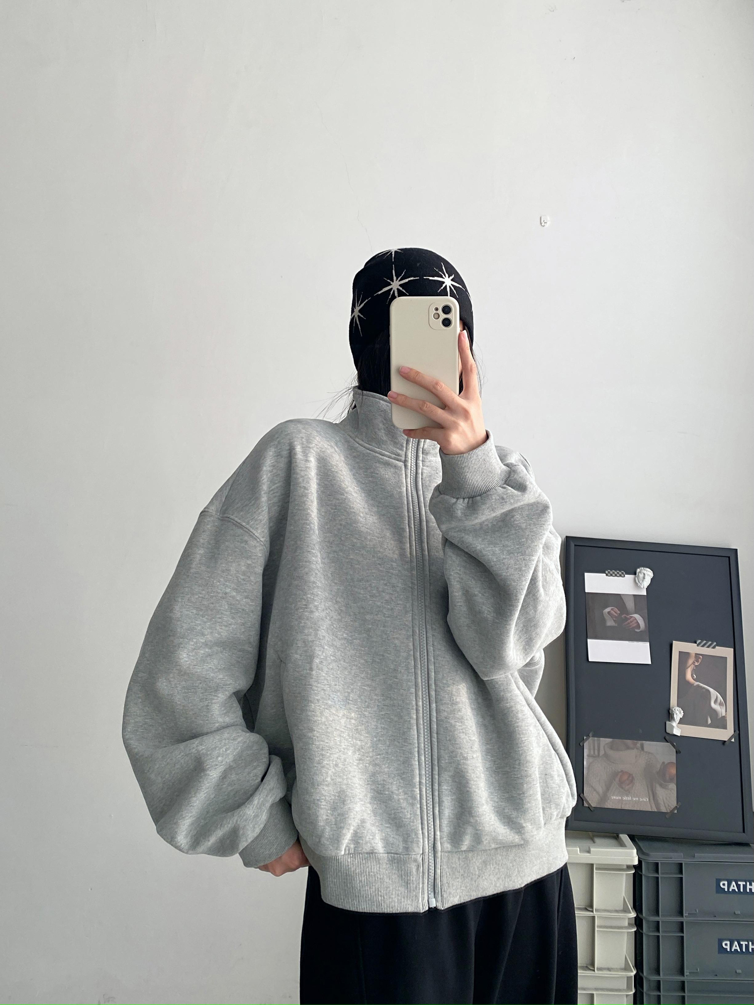 【清仓价】灰色立领开衫卫衣女秋冬纯色慵懒宽松运动短款加绒外套