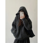 sun柚 上衣女 马海毛毛衣外套百搭学院风高级感宽松针织连帽开衫