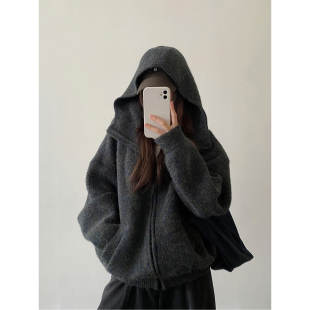 sun柚 上衣女 马海毛毛衣外套百搭学院风高级感宽松针织连帽开衫