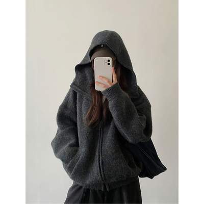 马海毛毛衣外套针织连帽开衫上衣