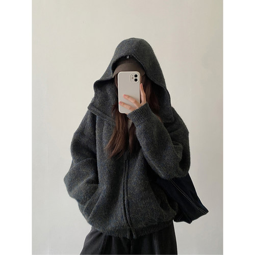 马海毛毛衣外套针织连帽开衫上衣