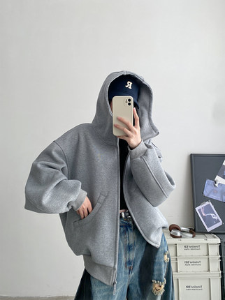 sun柚 秋冬季帽衫女灰色上衣开衫慵懒宽松廓形连帽卫衣女加绒外套
