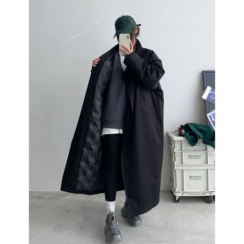 气质百搭黑色长款风衣羽绒外套