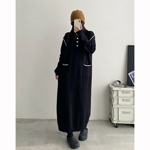 毛衣撞色直筒长裙子 新款 sun柚 POLO领黑色针织连衣裙女春秋季