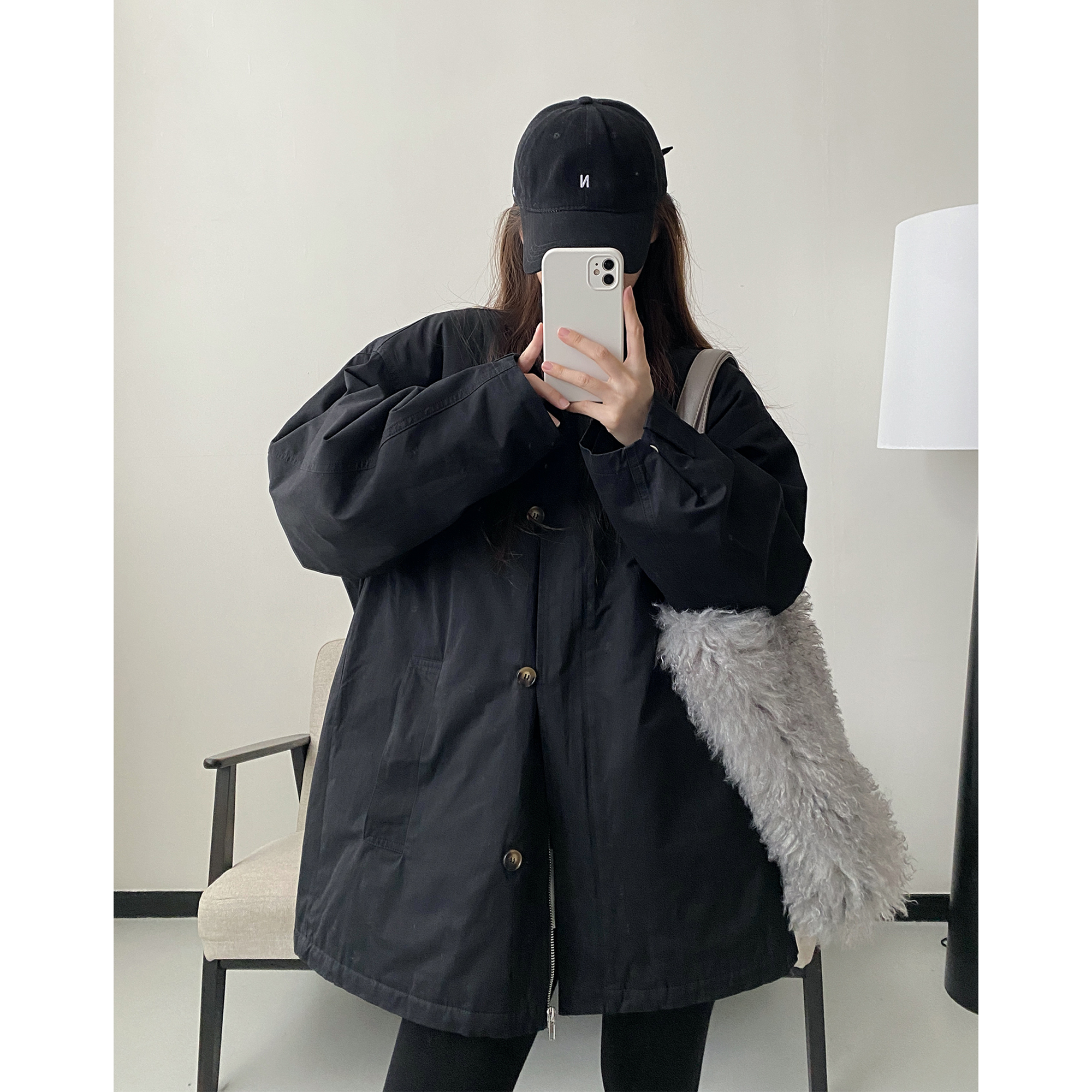 新款中长款学院风衣棉服女ins