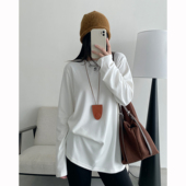 磨毛打底衫 sun柚 白色圆领t恤女秋冬内搭宽松德绒长袖 遮屁股上衣