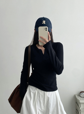 sun柚 花灰色v领针织打底上衣女春秋新款纯色内搭长袖t恤打底衫