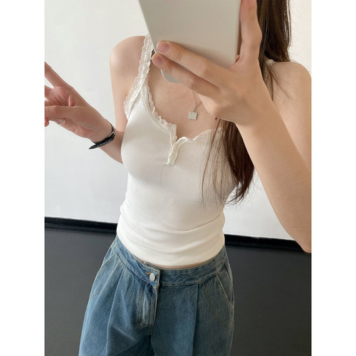 遮副乳亨利领螺纹蕾丝吊带背心