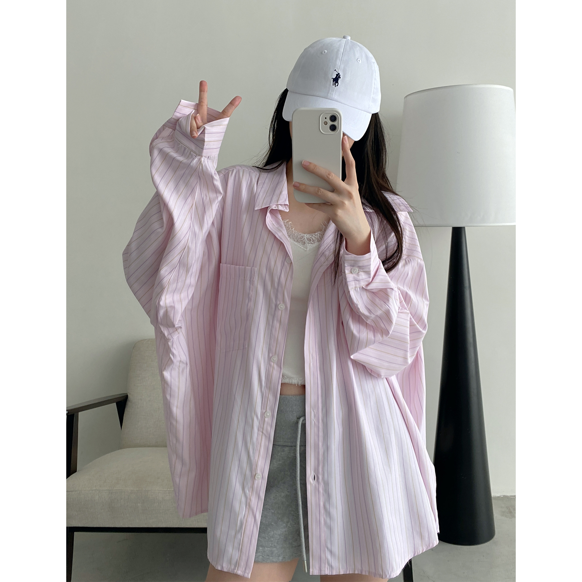 粉色条纹衬衫女春秋上衣衬衣防晒