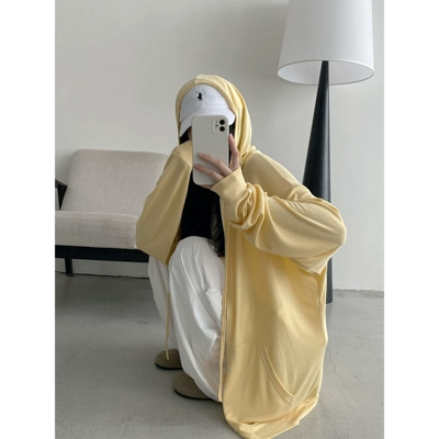 sun柚 天丝凉感薄款百搭显瘦休闲纯色宽松连帽拉链防晒卫衣女夏