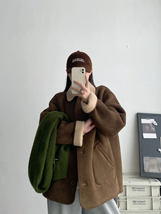 复古直筒毛毛短外套秋冬女款 sun柚 甜酷两穿皮毛一体翻领麂皮短款