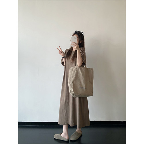 sun柚 棕茶色长裙宽松夏季连衣裙短袖圆领休闲简约女装日常裙子