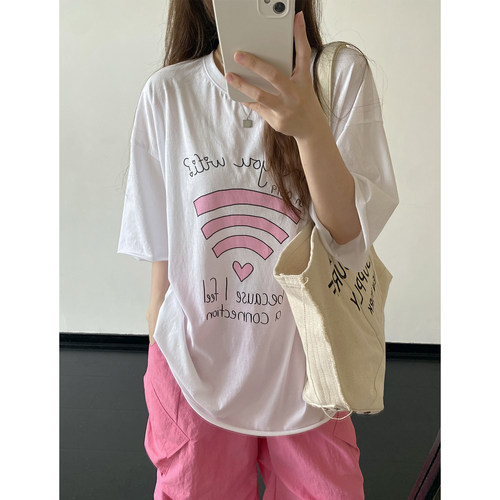 Wifi印花宽松圆领短袖轻薄T恤