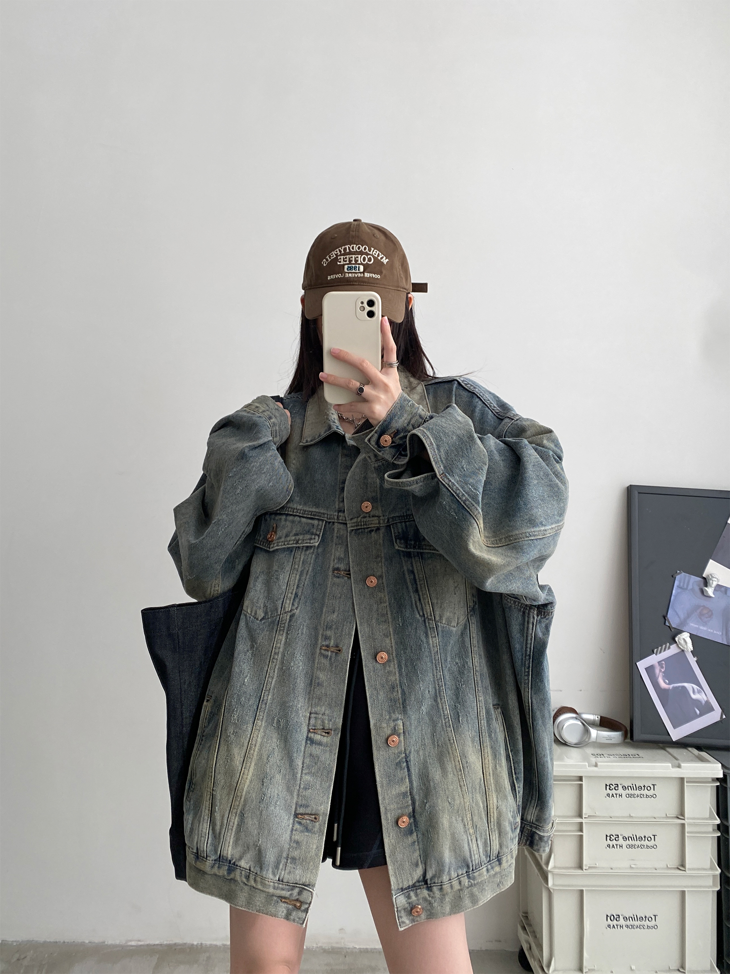 sun柚 春秋复古做旧宽松oversize牛仔外套重工洗水两件套装牛仔裤