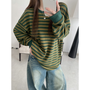 T恤女打底衫 sun柚 潮 复古条纹长袖 原创氛围感美式 拼接春秋季 新款