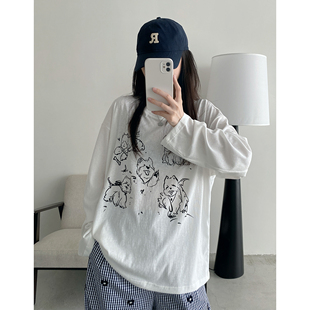 sun柚 T恤女 春夏上衣涂鸦印花ins慵懒风手绘防晒罩衫 圆领涂鸦长袖