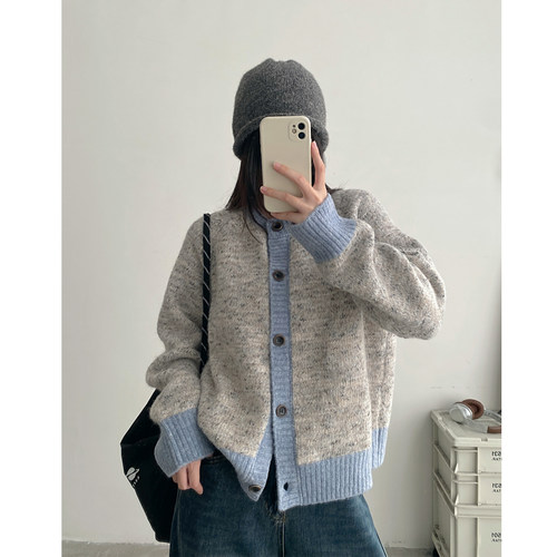 秋冬撞色温暖毛衣针织衫女开衫