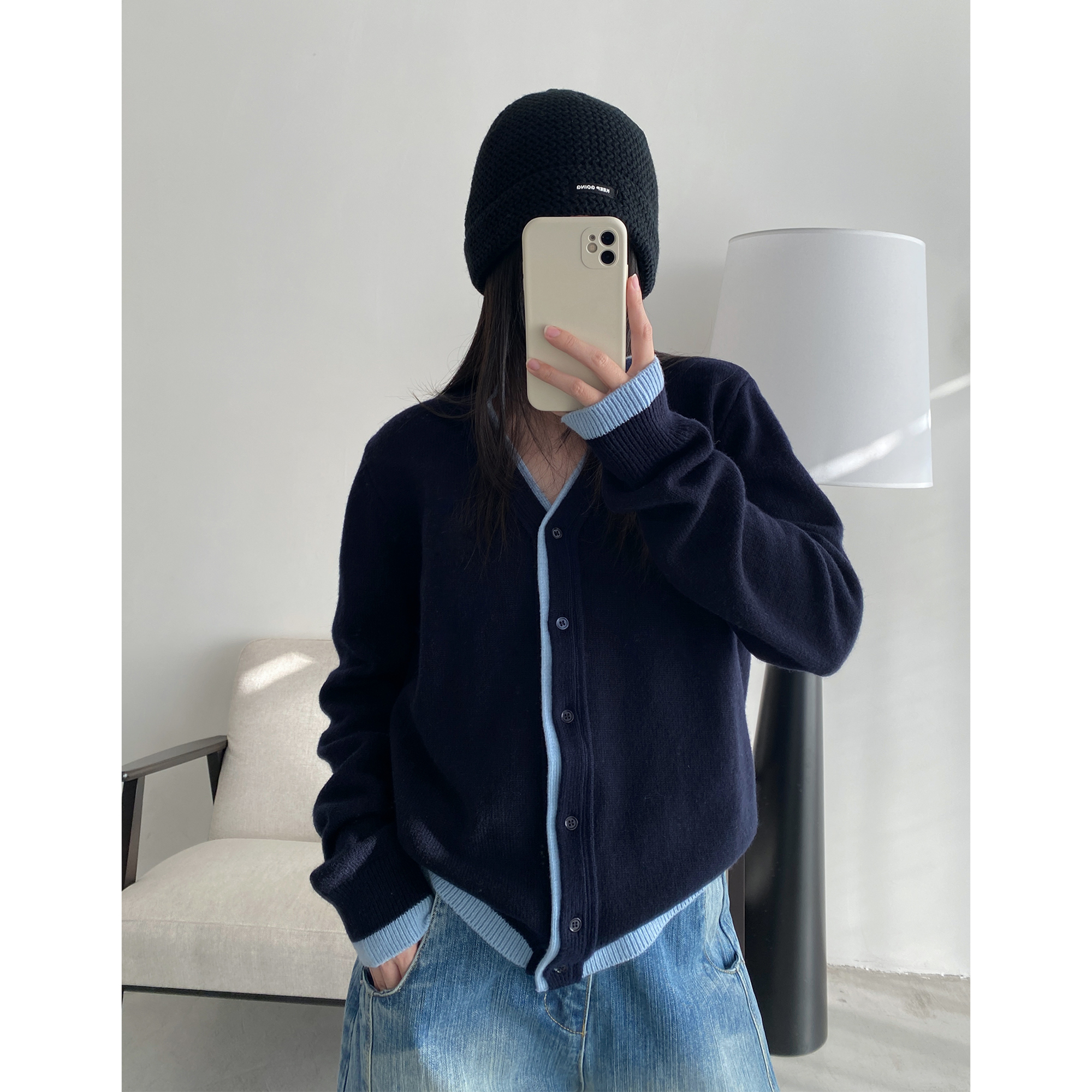 撞色刺绣针织开衫女秋假两件上衣