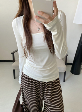 sun柚 私服高密度大圆领白色打底衫休闲长袖内搭显瘦T恤上衣女