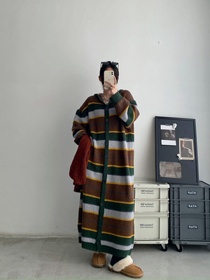条纹连帽长款针织开衫外套女秋冬
