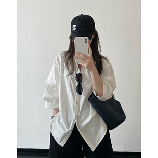 sun柚 白色衬衫女春夏穿搭长袖新款法式上衣宽松设计感高级感衬衣