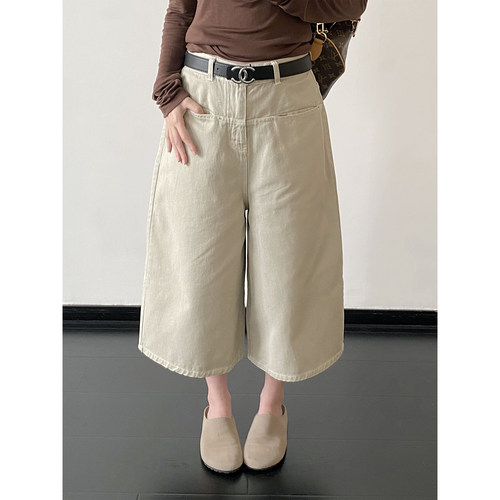 口袋微弯刀牛仔裤七分裤女裤子