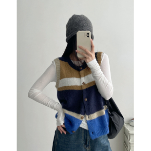 【价】秋冬马海毛羊毛撞色拼接毛衣针织衫条纹背心女秋冬