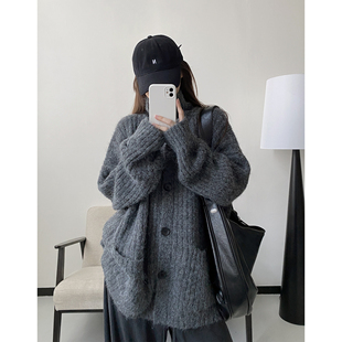 sun柚 韩系慵懒感高领纽扣设计毛衣外套女春秋季加厚开衫软糯上衣