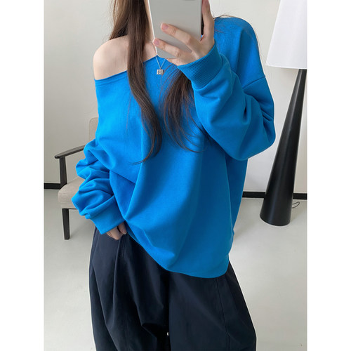 露肩斜肩款宽松长袖卫衣上衣女