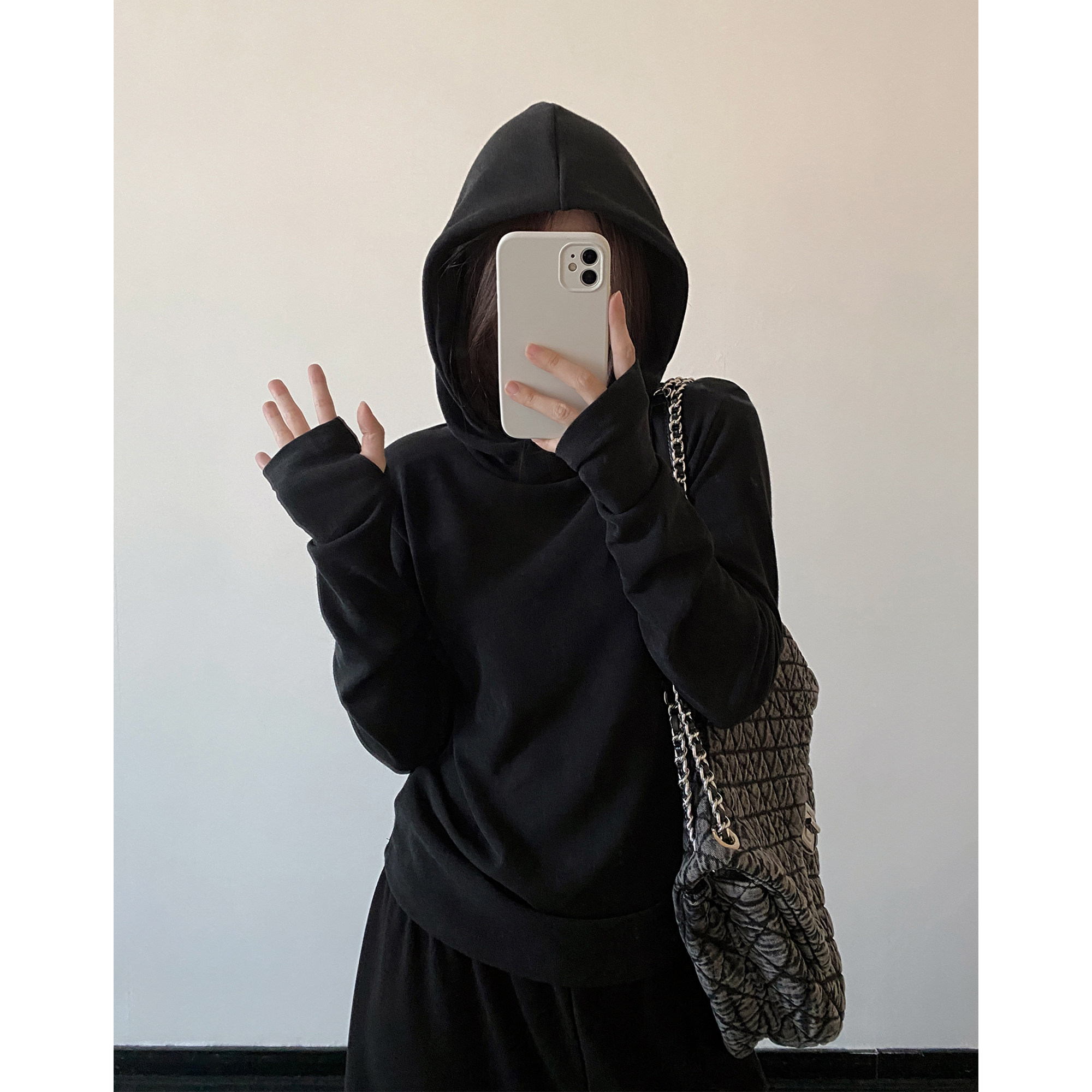 sun柚 户外感连帽百搭打底衫仿羊毛加厚袖口穿指打底上衣女秋冬
