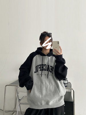 美式复古插肩袖连帽卫衣女爆款