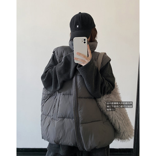 立领无袖下摆抽绳宽松棉服马甲女