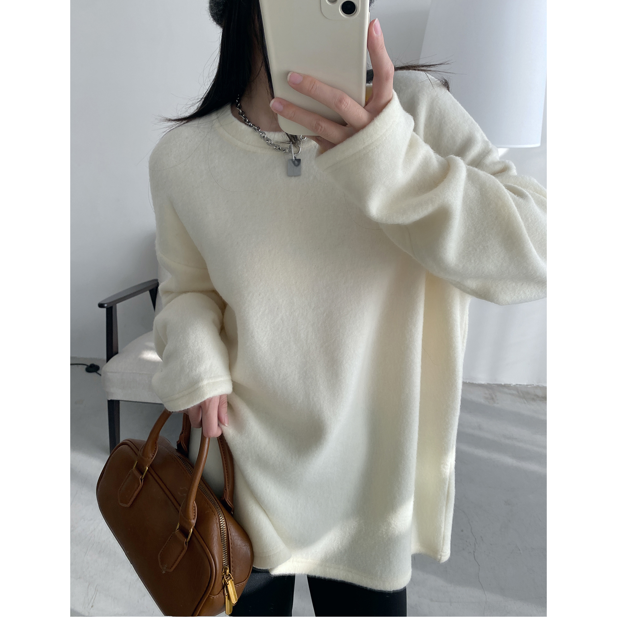 加厚纯色女秋冬宽松长袖t恤上衣