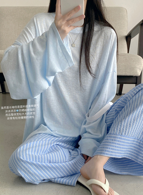 sun柚 天丝桑蚕丝亚麻雪花棉清爽透气宽松圆领长袖防晒T恤上衣