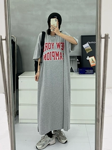 韩版 宽松字母过膝连衣裙女夏季 宽松显瘦开叉T恤中长裙 sun柚 新款