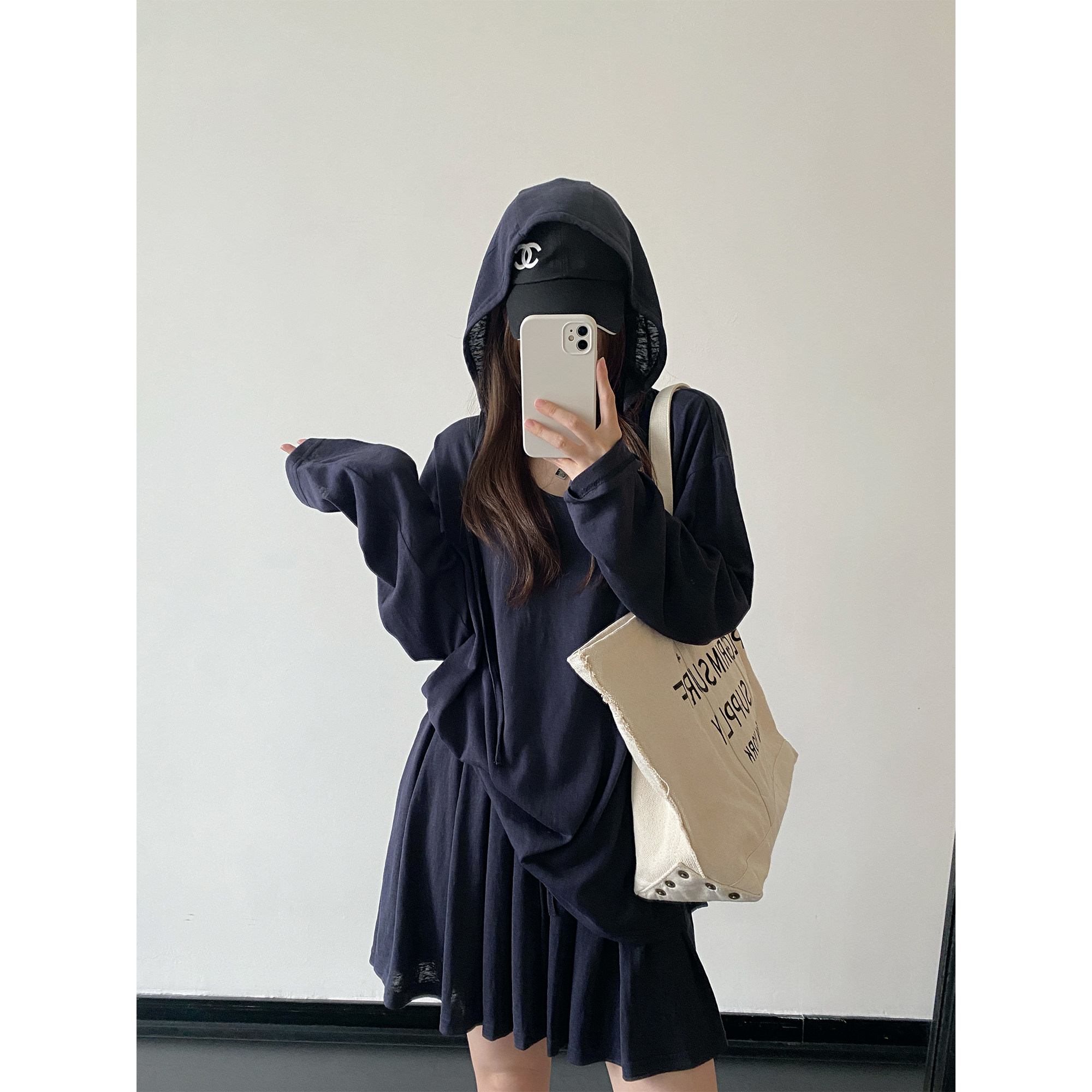 sun柚 莱赛尔时尚套装两件套混纺宽松U领连帽长袖松紧腰垂感伞裙