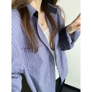 sun柚 韩版蓝色格子长袖衬衫女款2026新款春秋宽松设计感翻领上衣