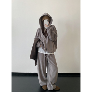 绒感休闲裤 sun柚 双面糯米绒韩系懒人两件套女连帽卫衣外套