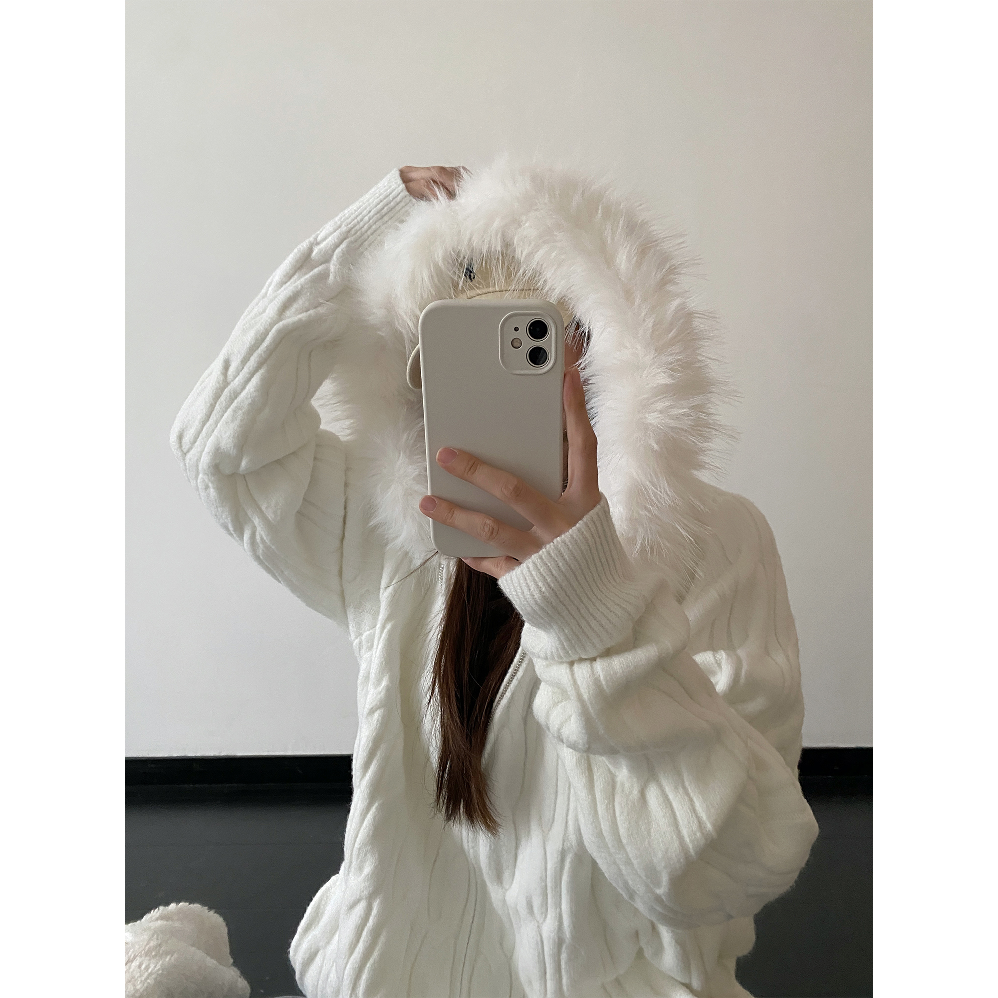 sun柚 米白色连帽麻花针织毛衣女开衫秋冬慵懒时尚宽松拉链外套潮