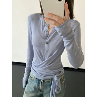 sun柚 天丝羊毛混纺长袖T恤女春夏高级感正肩修身系带轻质上衣服